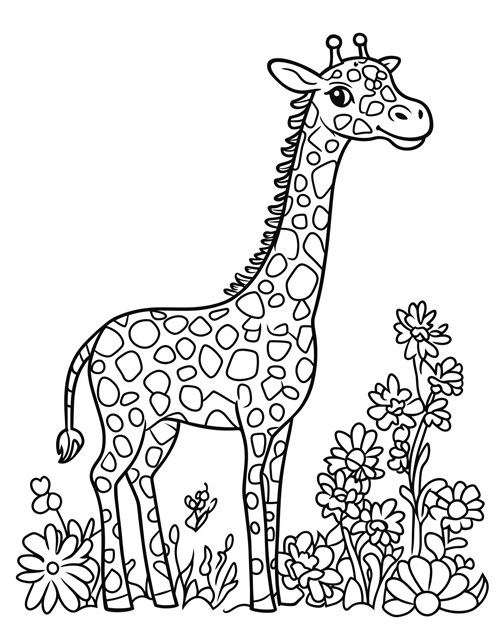 Giraffe standing among flowers and plants