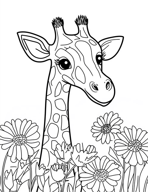 A giraffe peeking out from a bunch of flowers