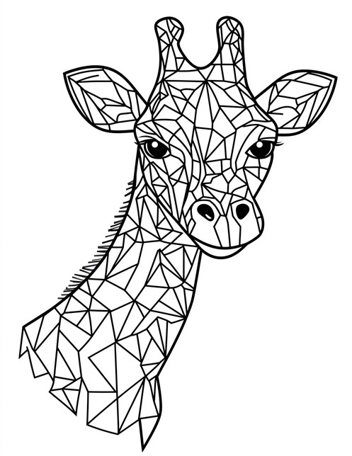 Giraffe head made of triangles looking straight with big eyes