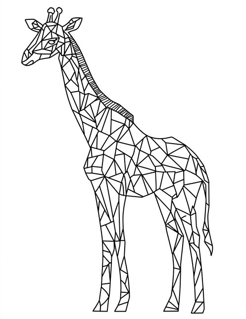 Giraffe with triangles standing with its long neck and tail