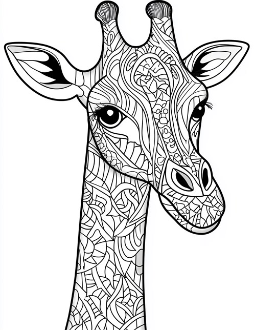 Giraffe head with swirly patterns and big curious eyes