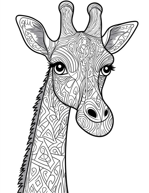 Giraffe with intricate patterns on its neck and face