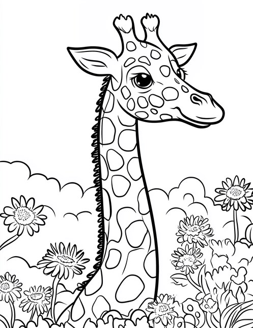 Giraffe with big spots surrounded by flowers and clouds