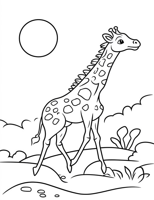 Giraffe walking in a field with hills and sun