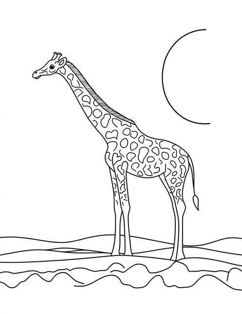 Tall giraffe standing in the savannah with big sun