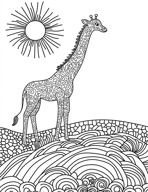 Giraffe with swirly patterns standing on hills under sun