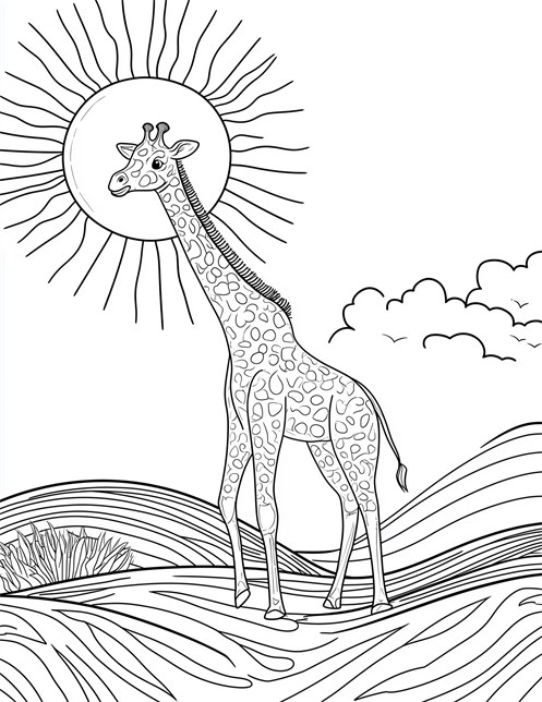 Giraffe with spots and big sun on hilly landscape