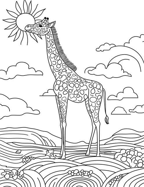 Giraffe sniffing the sun while standing on patterned hills