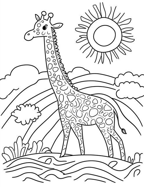 Giraffe standing under big sun with clouds and bushes