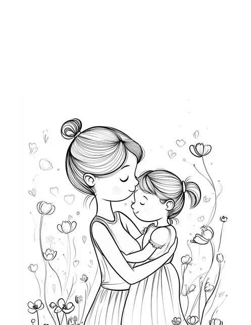 Mom hugging daughter surrounded by flowers and hearts for Mothers Day