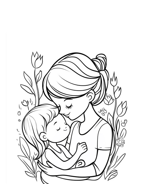 Mom holding child surrounded by flowers with closed eyes Mothers Day