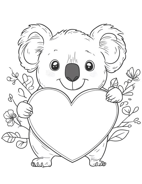 Cute koala holding big heart with flowers for Mothers Day