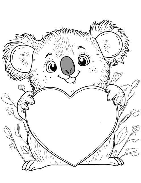 Smiling koala holding big heart surrounded by flowers Mothers Day