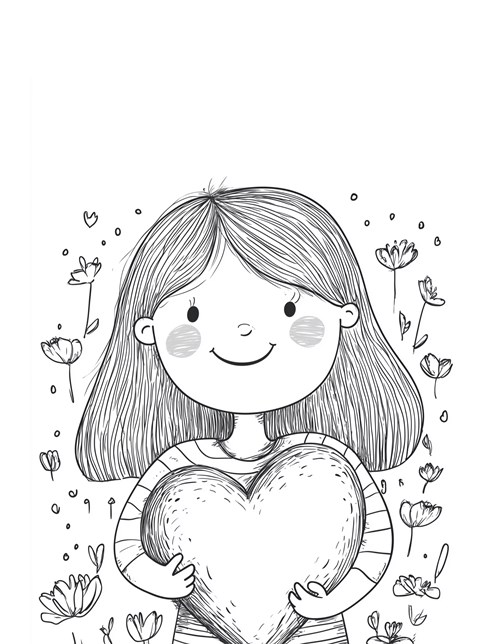 Girl holding big heart surrounded by flowers for Mothers Day