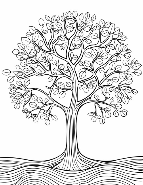 A tree with curvy branches, lots of leaves, and wavy ground lines below