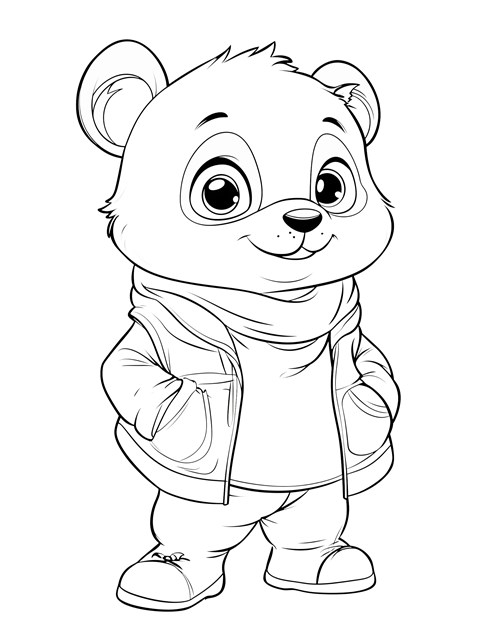 Panda wearing jacket and scarf with hands in pockets smiling