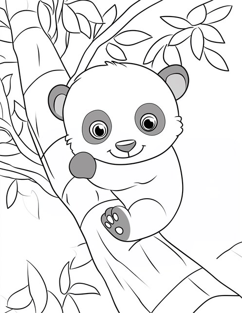 Baby panda happily climbing bamboo tree with big smile