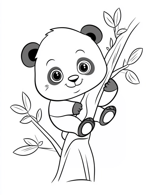 Baby panda climbing tree with happy smile and big eyes