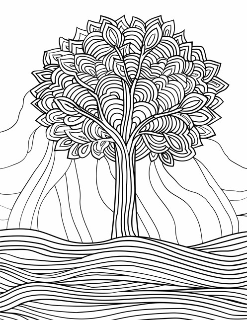 A tree with swirly leaves, wavy lines for the ground, and mountains behind it