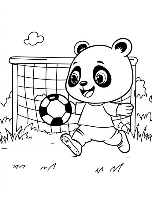 Panda playing soccer kicking ball near goal net outside