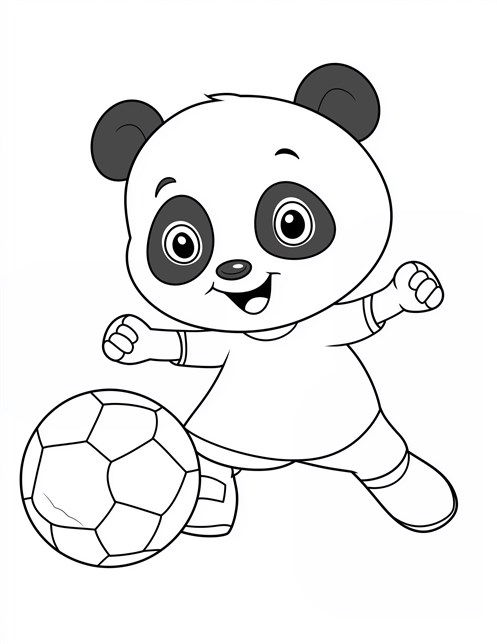 Panda happily kicking soccer ball with big excited smile