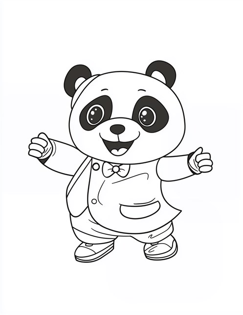 Panda wearing suit with bow tie smiling and arms raised