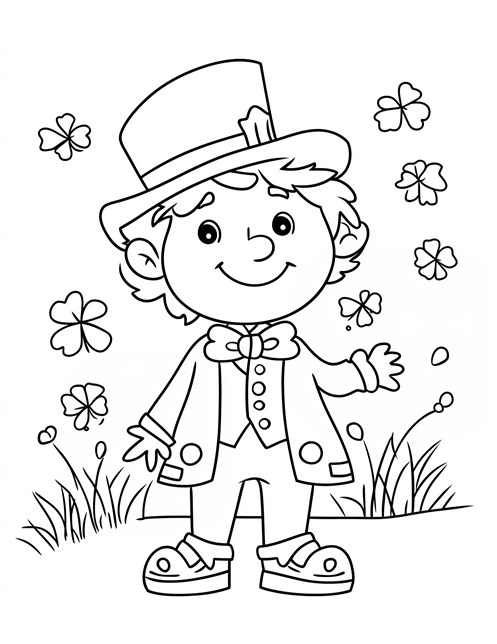 Smiling leprechaun with hat surrounded by four leaf clovers St Patricks Day