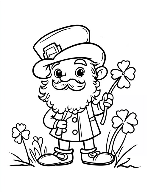 Leprechaun holding four leaf clover in field on St Patricks Day