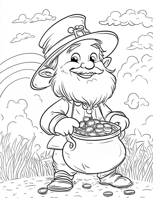 Leprechaun with pot of gold smiling under rainbow St Patricks Day