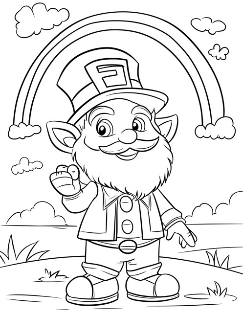 Leprechaun under rainbow pointing happily for St Patricks Day