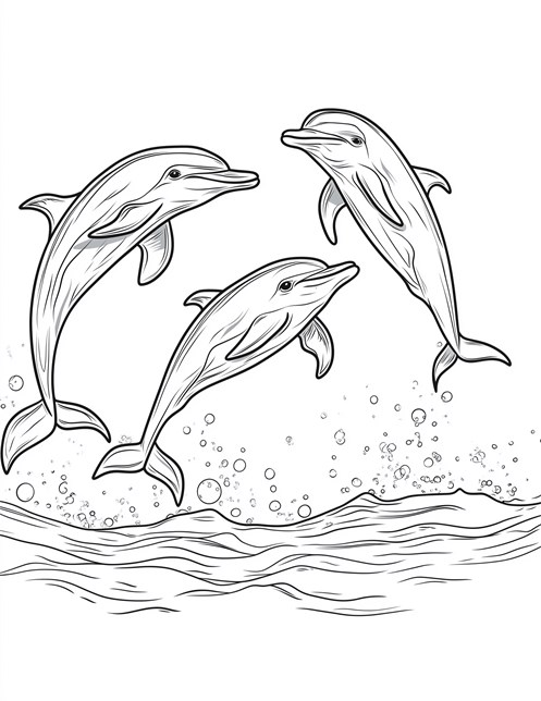 Three dolphins playing above the water with bubbles