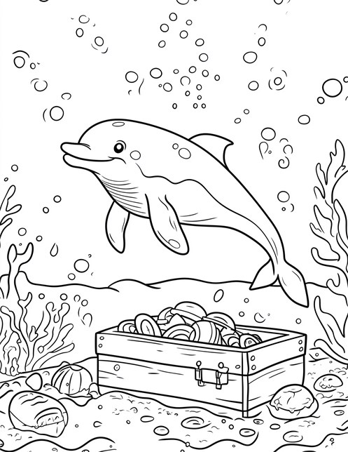 Dolphin swimming over treasure chest underwater with bubbles