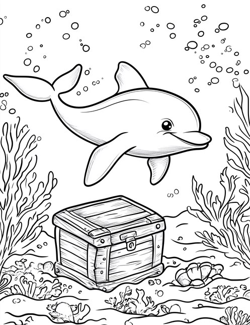 Dolphin swimming above treasure chest underwater