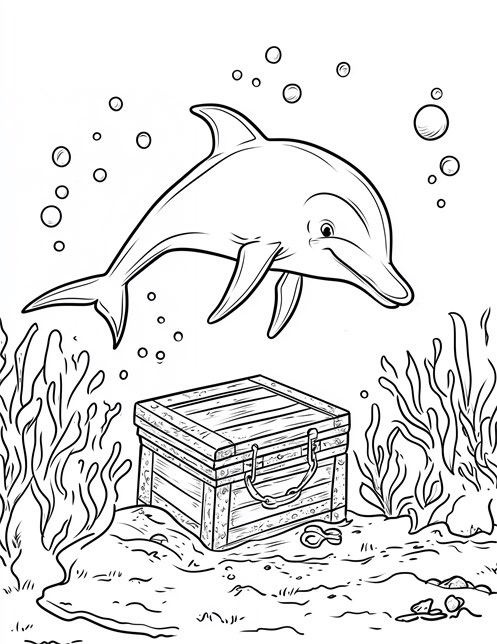 Dolphin swimming above treasure chest with bubbles