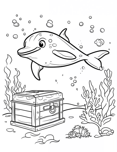 Happy dolphin swimming near treasure chest with bubbles