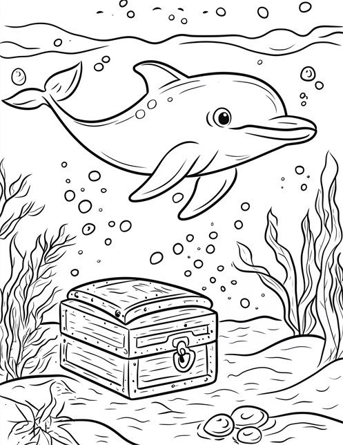 Dolphin swimming above treasure chest