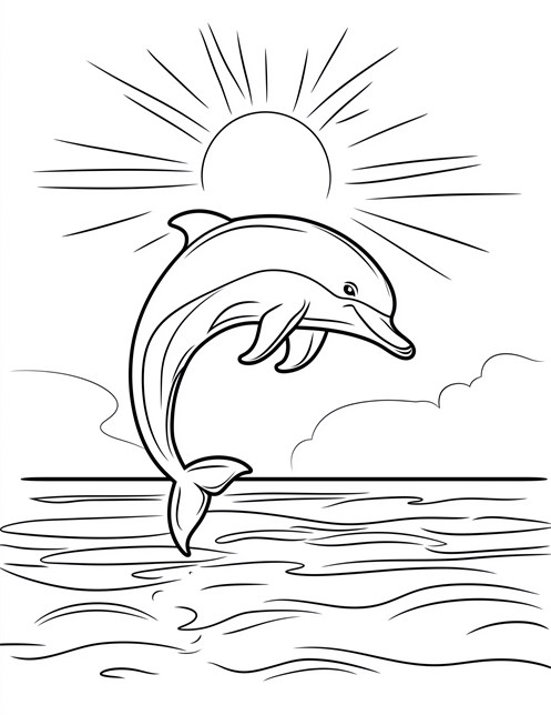 Dolphin jumping out of the water with sun shining