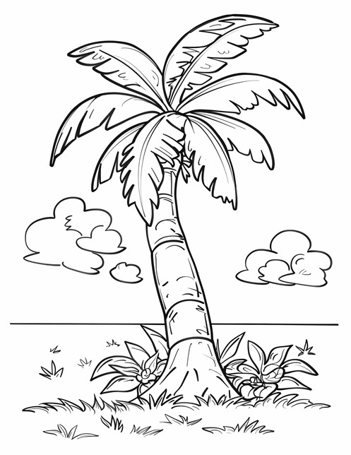 A tall palm tree with big leaves, grass, and bushes, with clouds in the sky