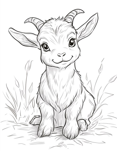 Happy baby goat sitting in grass with a little smile