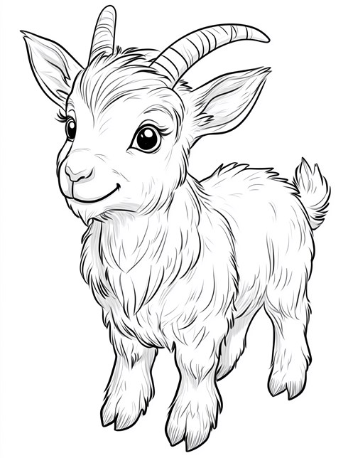 Smiling baby goat standing happily with little horns showing