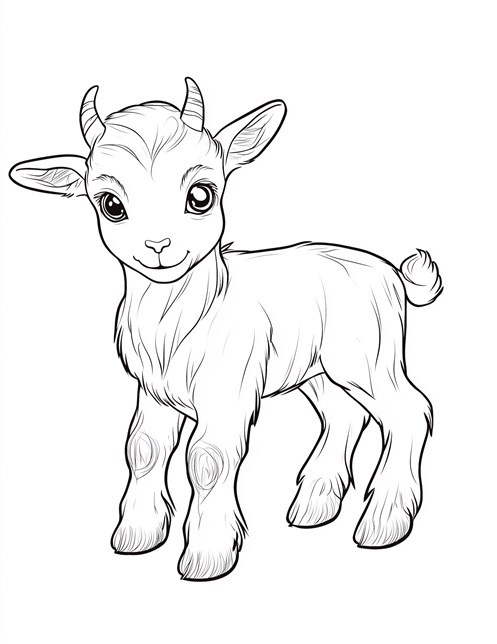 Cute baby goat standing with tiny horns and happy face