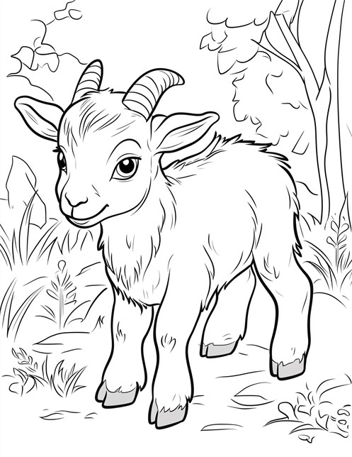 Sweet baby goat standing outside with trees and plants