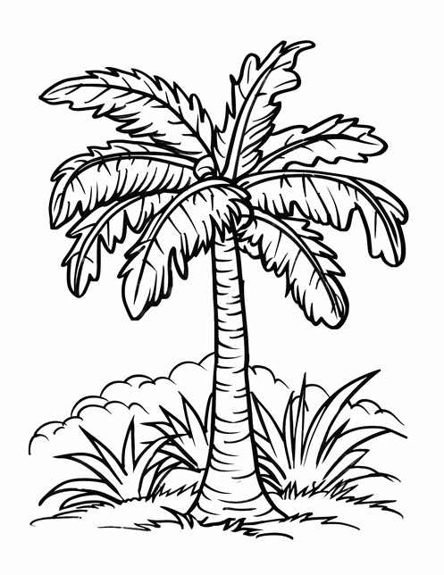 A tall palm tree with big leaves surrounded by bushes and grass