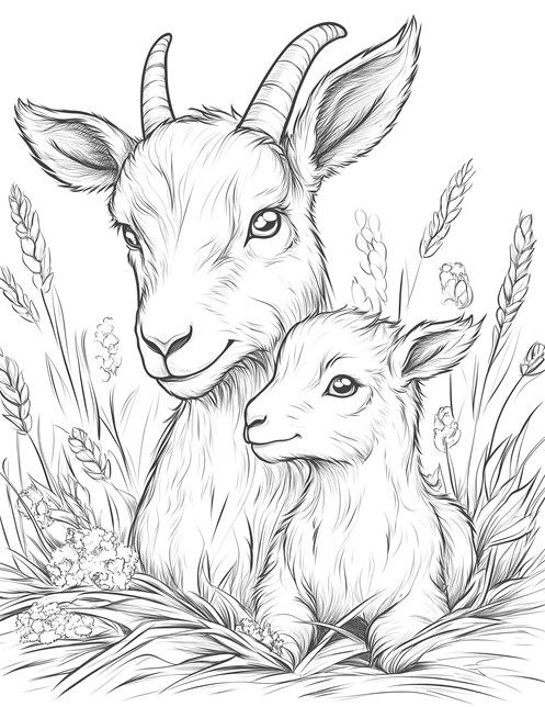 Mother goat and baby goat sitting together surrounded by plants