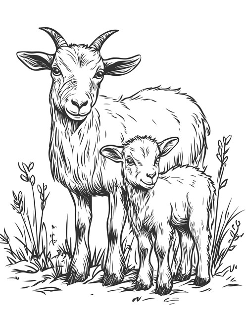 Mother goat and baby goat standing together in grassy field