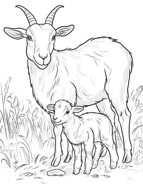 Mother goat standing with baby goat in grassy field