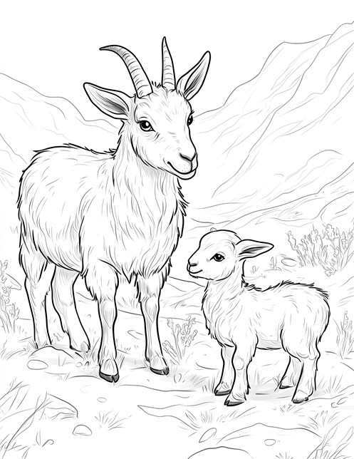 Mother goat and baby goat standing together in mountains