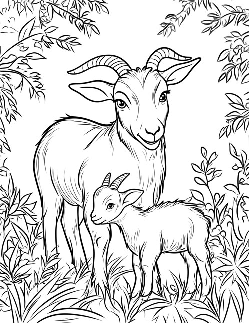 Mother goat and baby goat standing surrounded by leaves and plants