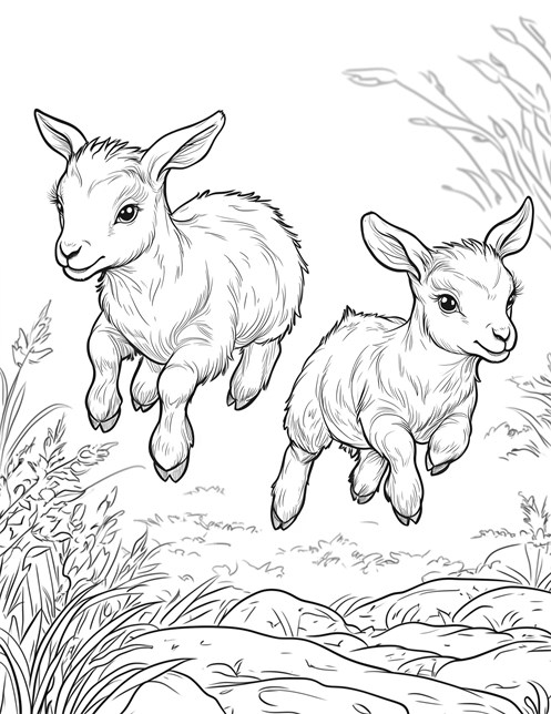 Two baby goats happily jumping around in field