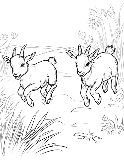 Two baby goats running through grass and flowers